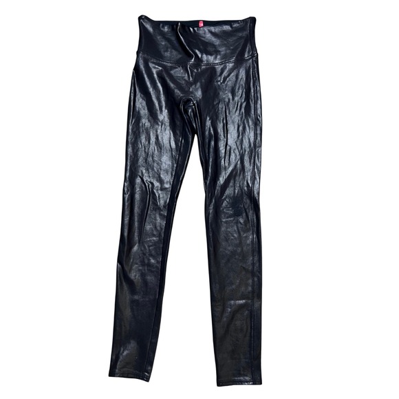 SPANX Faux Leather Leggings Black Shiny High Waisted Tummy Control Medium M EUC - Picture 1 of 8